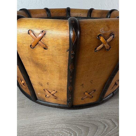 Vintage Rustic Wood & Leather Laced Basket Handcrafted Planter Bowl 16” Diameter - Picture 3 of 7